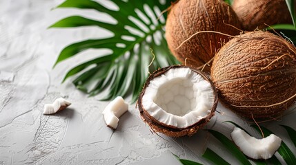 Fototapeta na wymiar Fresh coconut with white flesh on textured background for tropical flavor. Whole and halved coconuts with lush green leaves for natural appeal.