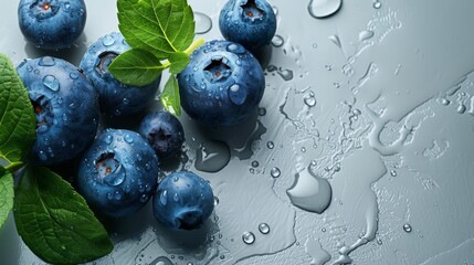 Close-up of dewy blueberries with green foliage. Refreshing wet blueberries on moist surface. High detail blueberries with water droplets and leaves. - obrazy, fototapety, plakaty