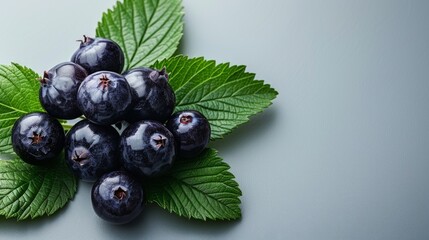 Fresh chokeberries with vibrant leaves against soft backdrop. Juicy aronia berries showcased on lush foliage. Organic chokeberry presentation on green leaves with subtle shading.