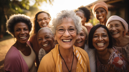 Obraz premium Joyful Multicultural Senior Women Together. Group of diverse, joyful senior women sharing a cheerful moment outdoors, with genuine smiles and laughter, embodying friendship and happiness.