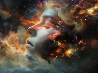 Ethereal woman face blended with a cosmic nebula a stunning fusion of beauty and abstract colors