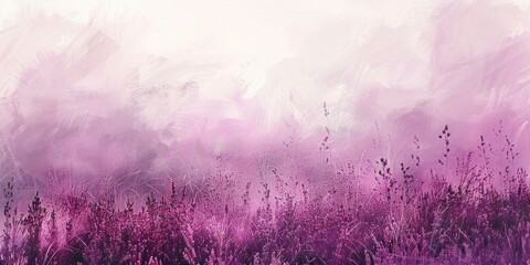 Vibrant Purple Flowers Blooming in a Field against White Sky and Pink Background