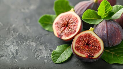 Sliced ripe fig with visible seeds and juicy pulp beside whole figs. Halved fig revealing seed...