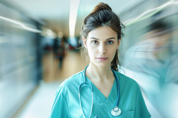 Fototapeta premium A portrait of a female health care medical worker, blurred background, motion blur, long exposure, bokeh. Created with Generative AI technology.