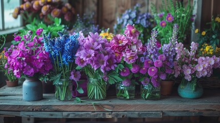 Fototapeta na wymiar Purple Flowers Arranged on Table