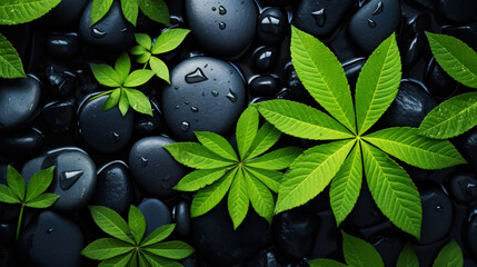 A beautifully harmonious backdrop made up of green plants and black stones. There are places for copying. Generative AI