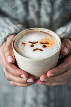 Holding a mug with sad face drawing in foam. Concept of emotions with a coffee cup close-up. Feeling down depicted with a frowny face in latte art.