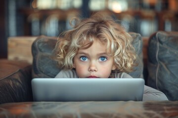 A child with a bored expression sitting with a laptop - obrazy, fototapety, plakaty