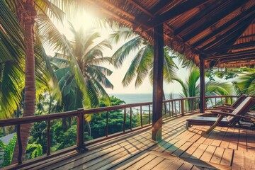 summer delight wooden balcony patio deck with sunlight and coconut tree panorama view house interior mock up design background house balcony daylight.