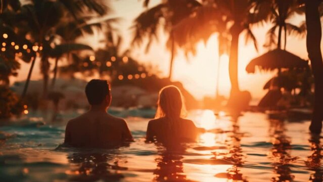 A tourist relaxes by a tropical resort pool and enjoys a sunset during a summer vacation. Side view of a tourist couple