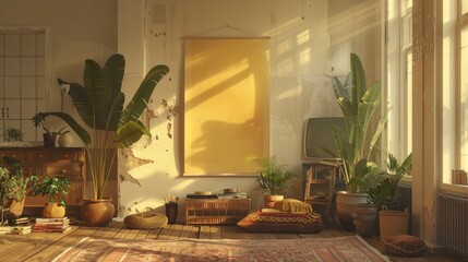 Bohemian-style living area with lush plants, wicker furniture, and a serene ambiance, illuminated by warm sunlight filtering through the window. - obrazy, fototapety, plakaty