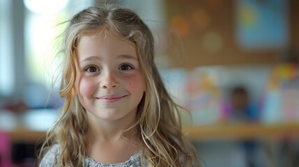 beautiful young girl with kindergarten classroom background