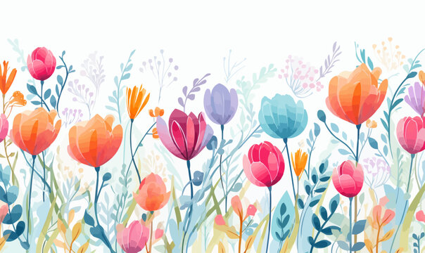 Seamless floral border with colorful abstract flowers and leaves, spring background, banner, design element for greeting cards, invitations. Vector illustration.