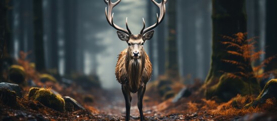 Deer standing on the road near the forest on a misty - obrazy, fototapety, plakaty