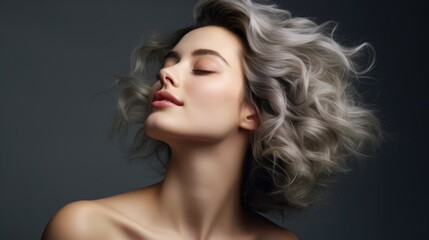 Fototapeta premium Woman With Eyes Closed and Hair Blowing in Wind