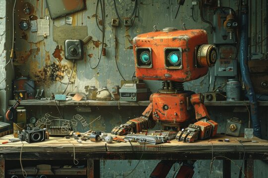 A charming, retro style robot with bright blue eyes busily tinkers with electronic parts on a cluttered workbench.