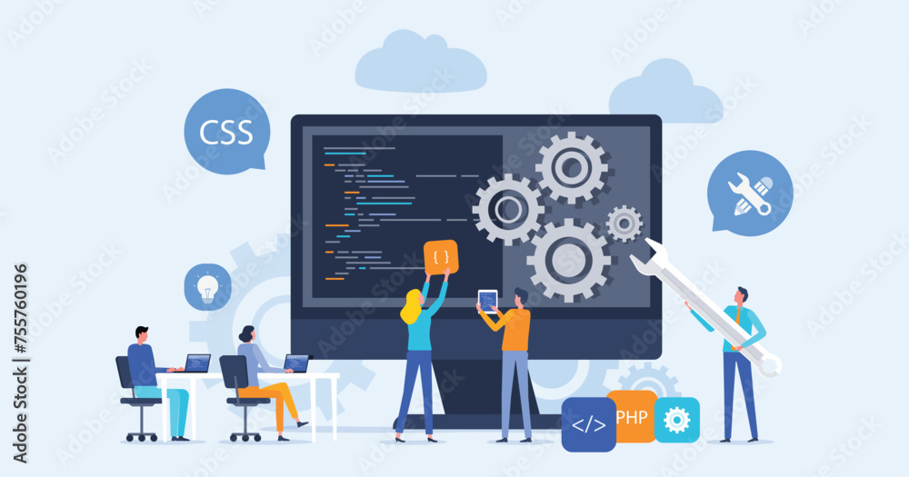Leinwandbilder web design and mobile application design process concept with designer and developer team working .flat vector illustration concept	