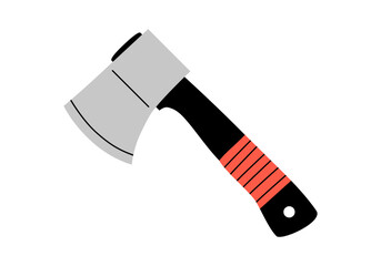 Hand drawn cute cartoon illustration of camping axe. Flat vector outdoor hatchet for chopping wood sticker in colored doodle style. Tourism survival icon. Adventure, hiking. Isolated.