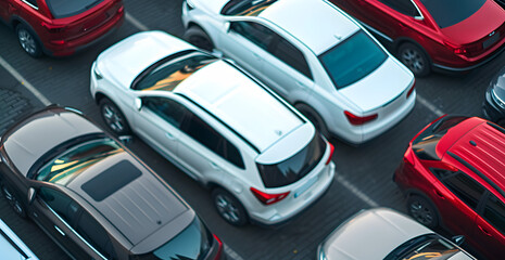 Car parked at concrete parking lot of shopping mall in holiday. Aerial view of car parking area of the mall. Automotive industry. Automobile parking space. Global automobile market concept. - obrazy, fototapety, plakaty