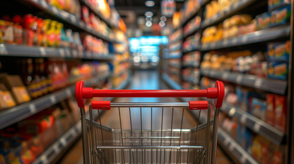 Supermarket aisle with empty red shopping cart. Personal perspective of a shopper pushing shopping trolley along product aisle while shopping in a supermarket. woman with shopping between store shelf. - obrazy, fototapety, plakaty
