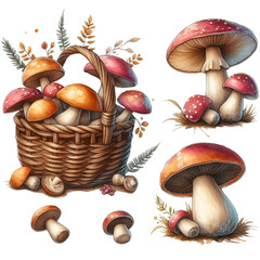 mitation Watercolor digital drawing autumn clipart of mushrooms, basket and leaves. Various agaric, chanterelle, boletus mushrooms isolated on a transparent background. Illustration for design, print,