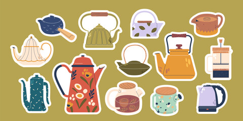 Set Of Stickers Teapots And Kettles. Vintage And Modern Decorative Kitchen Tools, Household Utensils, Ceramic Drinkware