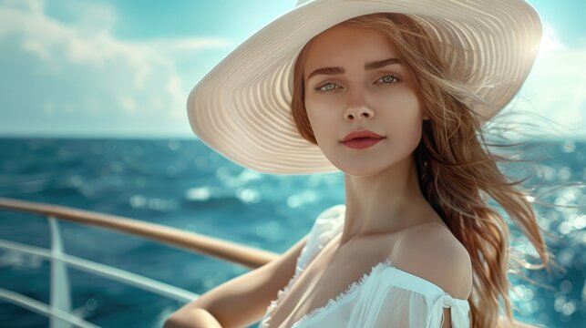 female model Wearing an elegant cruise outfit. background photo setting with A luxurious cruise ship studio scene, complete with a nautical backdrop, ship railing