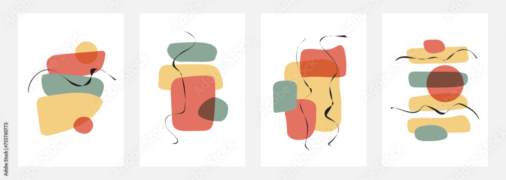 Poster set of color various abstract hand drawn shapes and black wavy lines for creative graphic design. ve