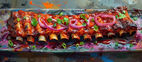 St Louis Ribs Plate Dazzles with Fireworks Pattern in Impressionist Canvas Painting - obrazy, fototapety, plakaty