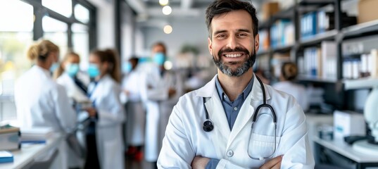 Bright dental clinic with cheerful male dentist, perfect for text placement on vibrant background.
