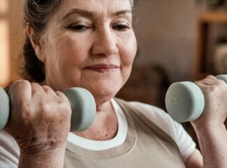 Overweight mature woman doing exercise with dumbbells at home