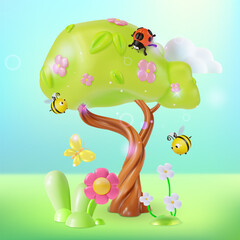 3d Blooming Tree with Flying around Bees, Ladybug Insect and Butterfly Cartoon Style Spring Concept. Vector illustration