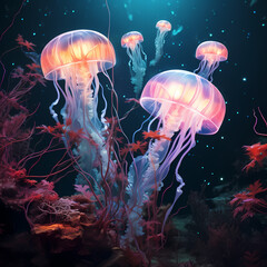 Bio-luminescent jellyfish illuminating an underwater