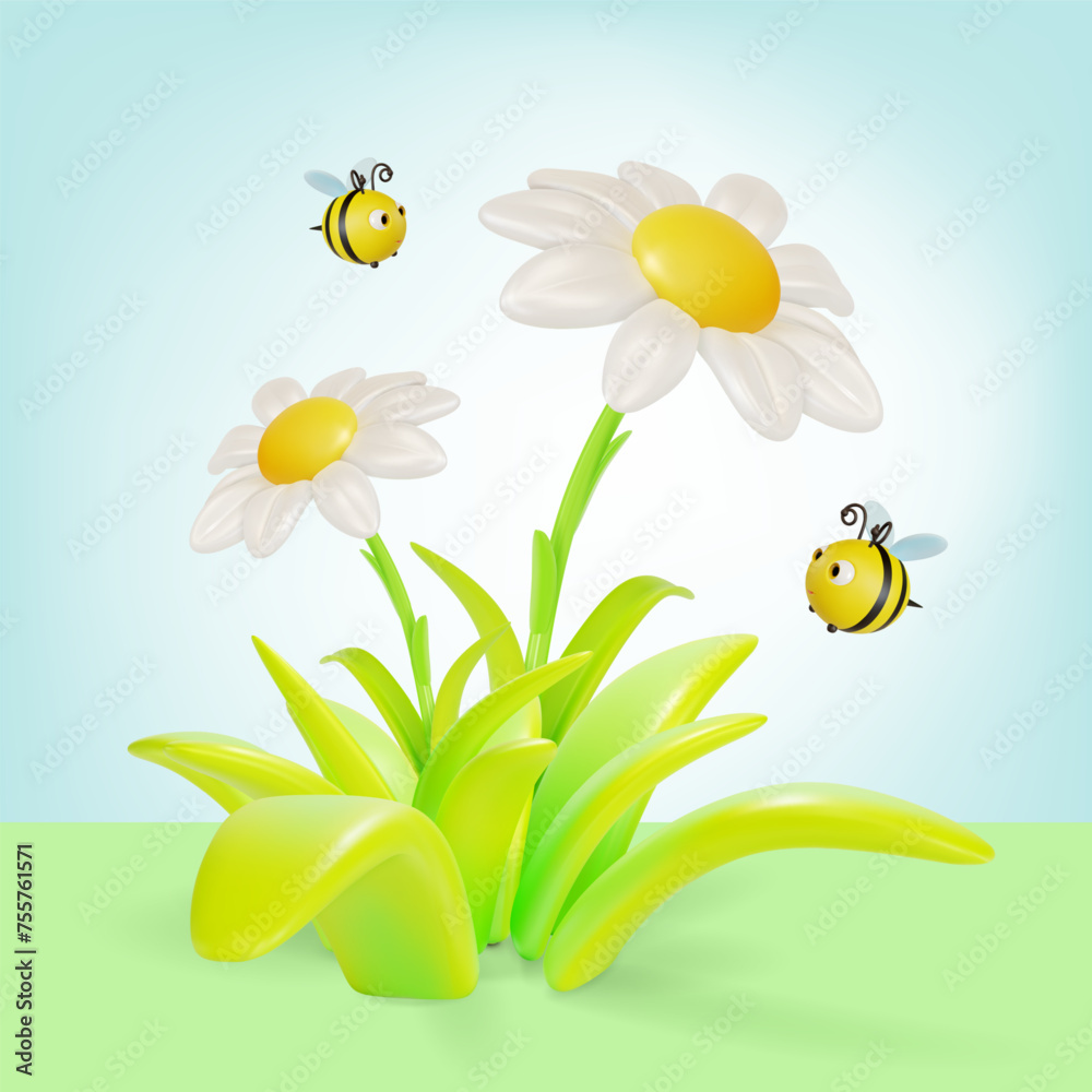 Poster 3d Chamomile Flower in Bloom with Flying around Bees Insects Spring Concept Cartoon Style. Vector illustration