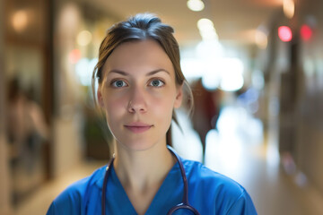 Fototapeta premium A portrait of a female health care medical worker, blurred background, motion blur, long exposure, bokeh. Created with Generative AI technology.