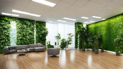 a waiting room, an eco-friendly office or an eco-friendly and minimalistic company , plants and a wall of greenery - obrazy, fototapety, plakaty