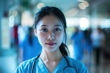 Fototapeta premium A portrait of a female health care medical worker, blurred background, motion blur, long exposure, bokeh. Created with Generative AI technology.