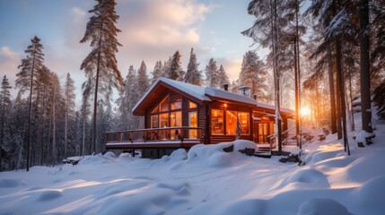 A winter cabin bathed in warm light
