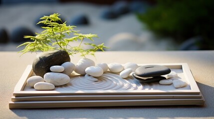 A zen garden with rocks and sand arranged in a calming pattern