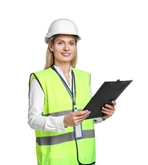 Engineer in hard hat holding clipboard on white background