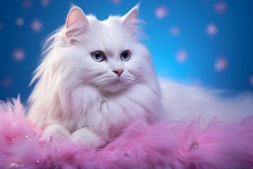 Close-up shot of fluffy kitten on colorful background, highlighting its cute features