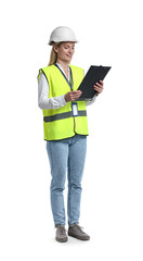 Engineer in hard hat holding clipboard on white background