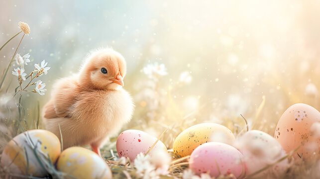 Easter card. yellow chick surrounded by pastel colored Easter eggs and daisy flowers, on a warm background flooded with sunlight with copy space