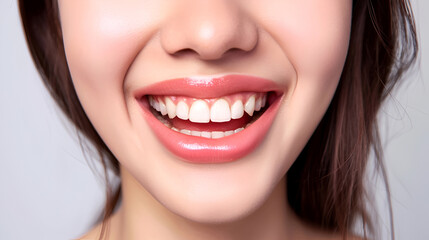 Obraz premium Close - up cropped of a beautiful smiling woman with white perfect teeth isolated on blue studio background with copy space. Dental care. Stomatology. Dentistry concept.