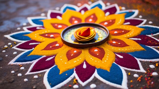 Closeup of a rangoli design during diwali