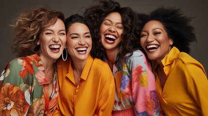 Fototapeta premium Ecstatic Women Enjoying a Heartfelt Laugh Together. Group of stylish women in chic dresses laugh wholeheartedly, exuding positivity and strong bonds of friendship in an elegant setting.