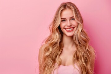 Smiling young woman with blonde long groomed hair isolated on pastel flat background with copy space. Blonde hair care products banner template. hair salon.