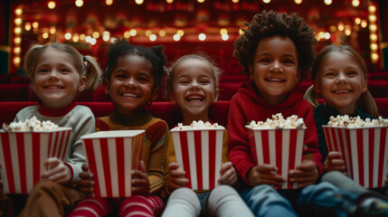 Group of diverse children watching a kids movie at the theater and smiling while eating popcorn