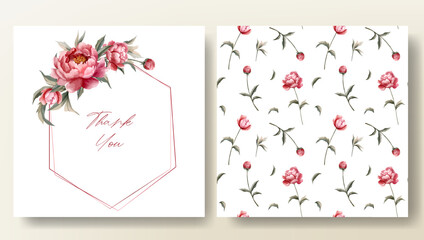 Set of greeting card and seamless pattern with watercolor peonies, wedding invitation. Peony frame.