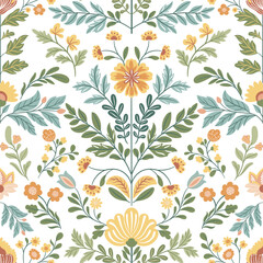 Seamless pattern with folk art design elements. Folk vector illustration with flowers on a dark background. Scandinavian traditional motif